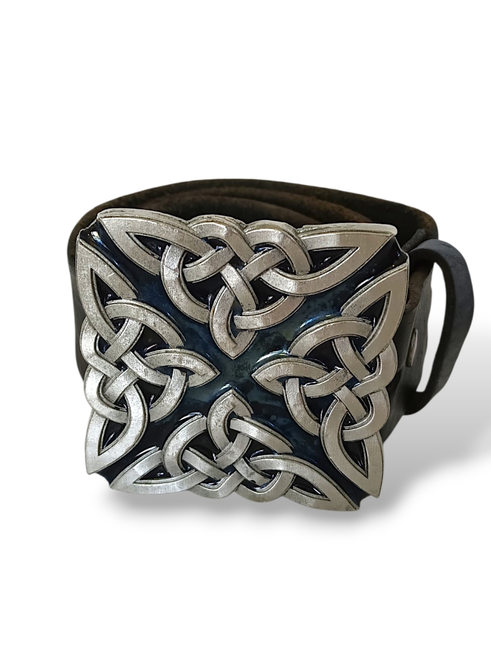 Celtic Knot Silver-Tone Buckle Black Leather Belt Vintage Mobtown Chicago Y2k